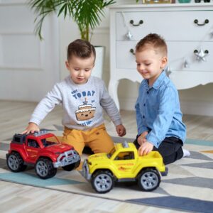 2 toddler boys play with trucks