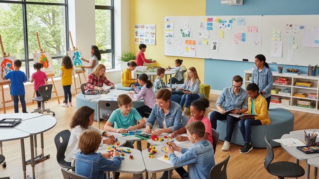 A diverse group of children and teachers collaborate in a vibrant, sunlit classroom.