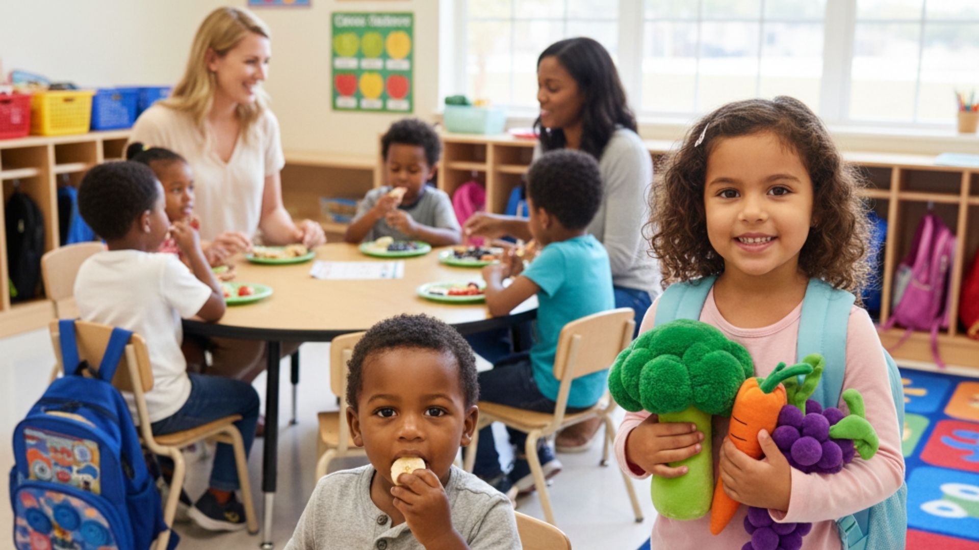 kids at daycare eating and playing with toys