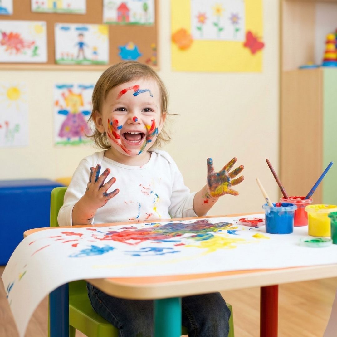 smiling toddler finger painting with paint all over face and clothes