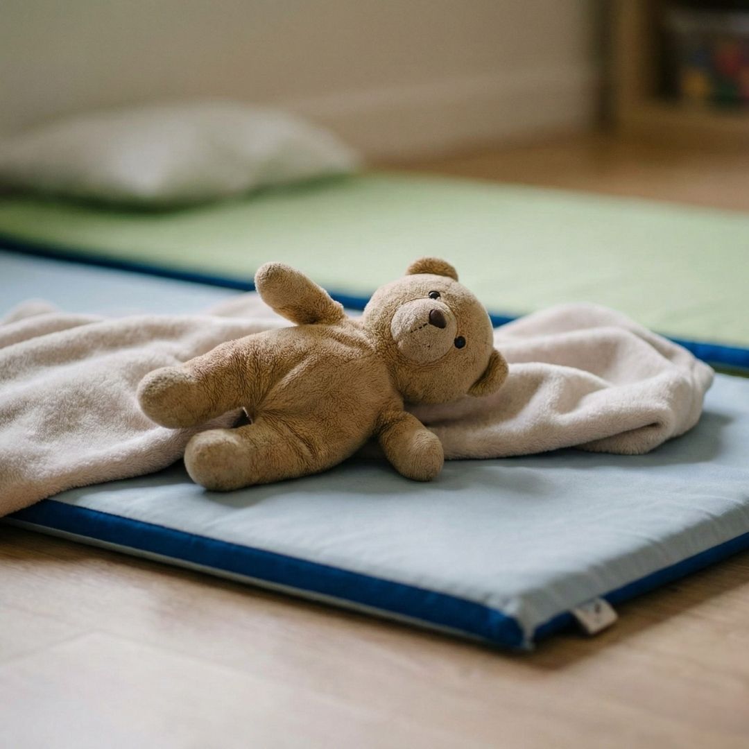 bear and blanket lying on sleeping mat