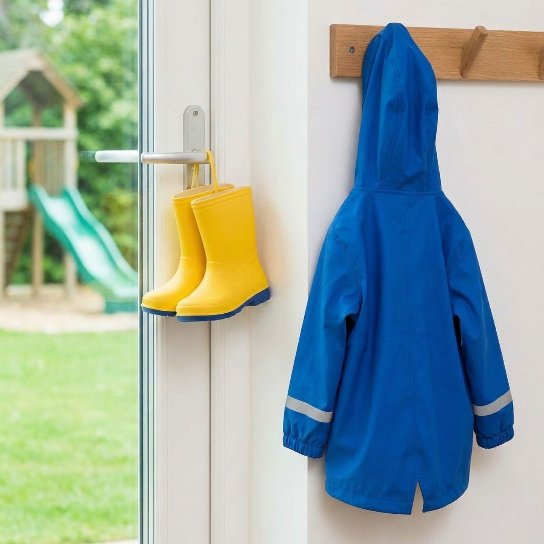 rain coat and boots hanging by back door