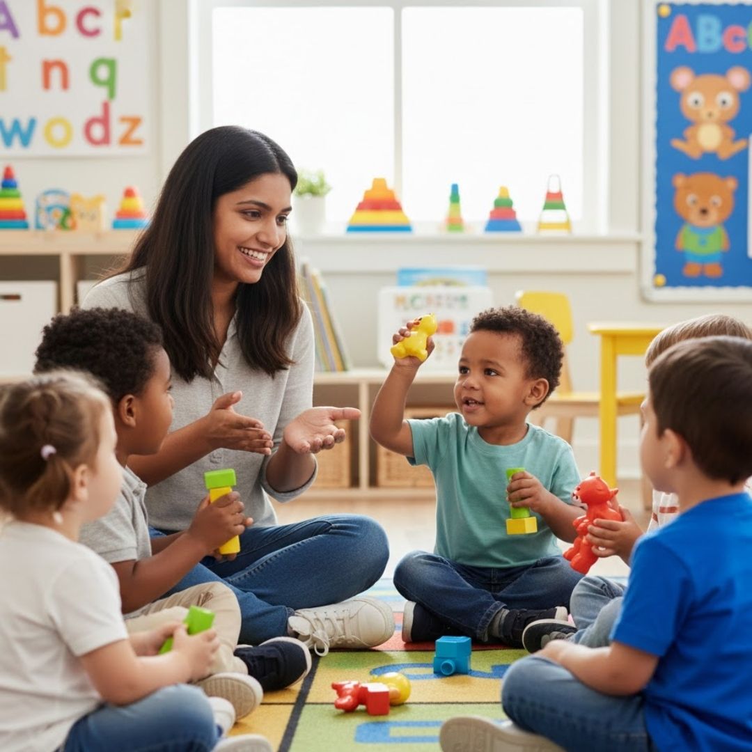 A smiling teacher sits on a colorful rug while young children practice verbal communication during a group activity.