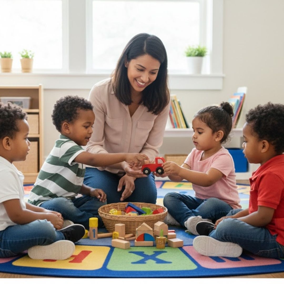 Diverse children learn to share and cooperate while playing with wooden toys under the gentle guidance of an educator.