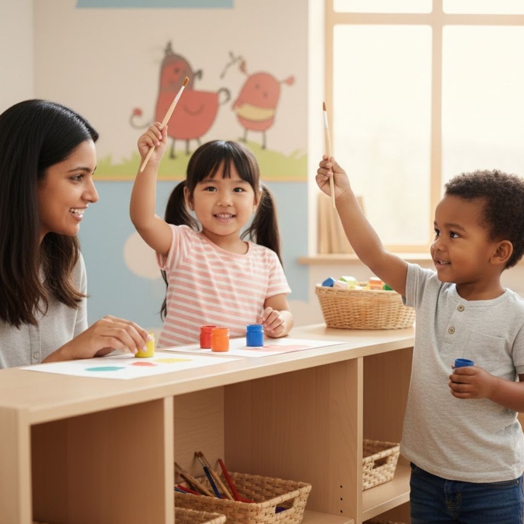 A young girl and boy show pride and confidence while participating in a creative painting project at a classroom table.