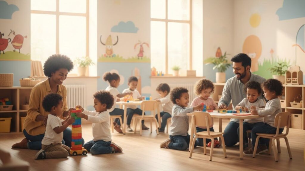 A group of diverse toddlers and teachers engaging in collaborative play with colorful blocks in a bright, modern classroom.