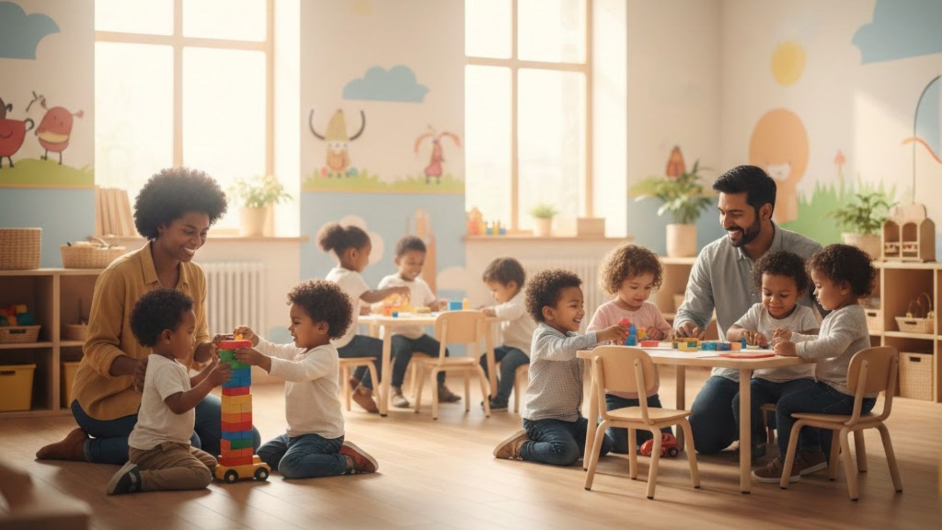 A group of diverse toddlers and teachers engaging in collaborative play with colorful blocks in a bright, modern classroom.