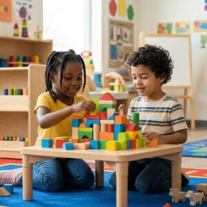 Two children playing with colorful blocks, representing interactive play at Jaycees Early Learning Center.