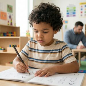 A preschooler practicing writing skills to prepare for kindergarten.