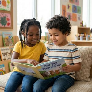 Two young children sharing a book together, highlighting social development.