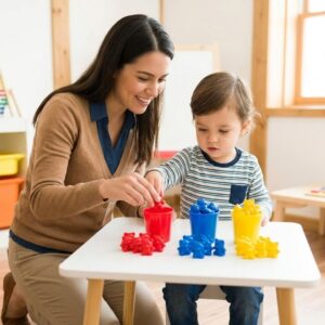 A smiling teacher helps a toddler learn mathematical concepts by sorting bright counting bears into matching colored cups on a classroom table.