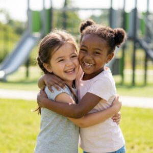 Two joyful, diverse young girls embrace tightly and laugh on a sunny playground, demonstrating strong social bonds.