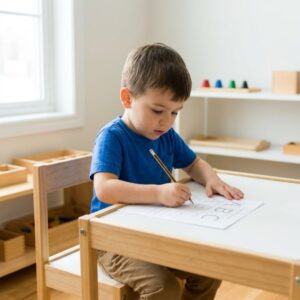 A preschool boy practicing writing letters with a pencil.